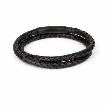 Stainless Steel Black Braided Leather Bracelet (6mm) - 8.5