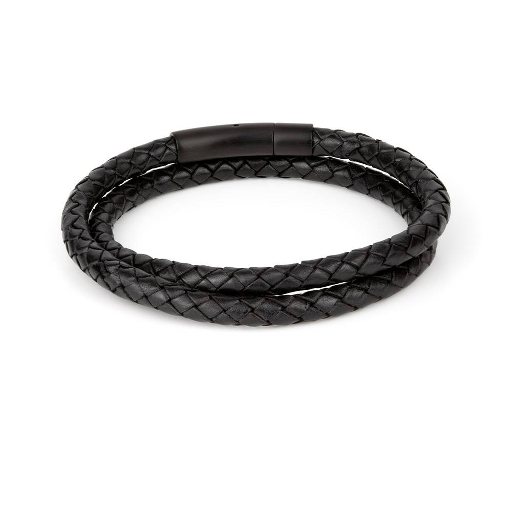 Engravable Thin Black Leather Bracelet with Black Clasp for Mens 8 Inches / Black